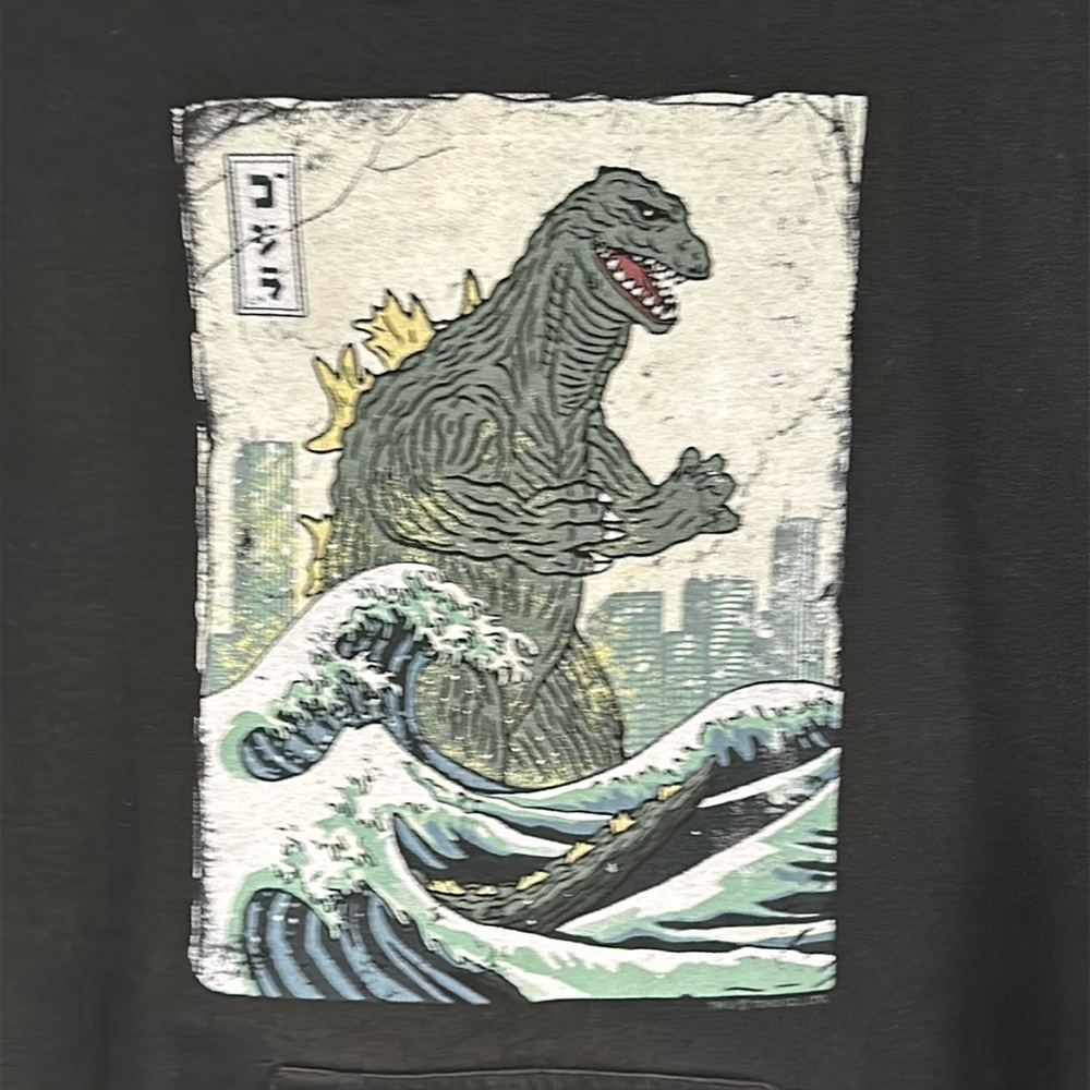Godzilla Woodcut Emerges From Tsunami Hooded Sweatshirt ocean, S